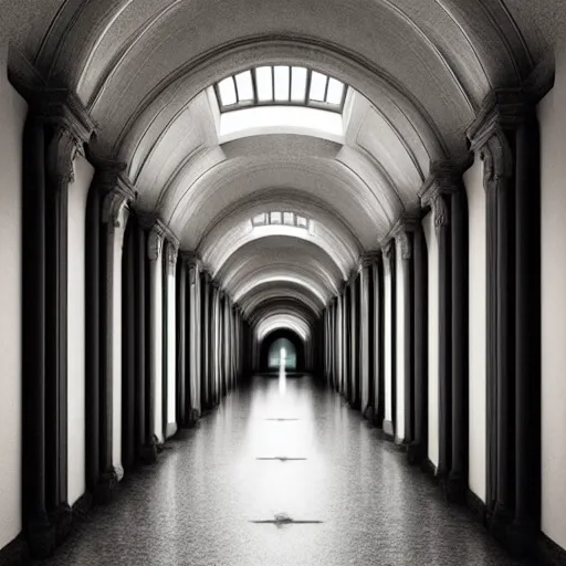 Prompt: a long shadowy asylum hallway at night, arched ceiling, one point perspective, vanishing point, symmetrical composition, rich colors, dramatic lighting, by lee madgwick, photorealistic, v - ray render 8 k uhd