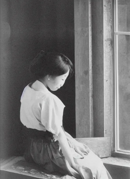 Prompt: photography girl looking sitting next to window by hisaji hara