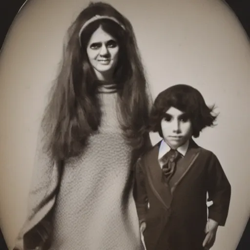 Image similar to a vintage 1 9 7 0 s photograph of a mother and her son posing in fancy dress. this is a professional photograph taken in a photographer's studio.