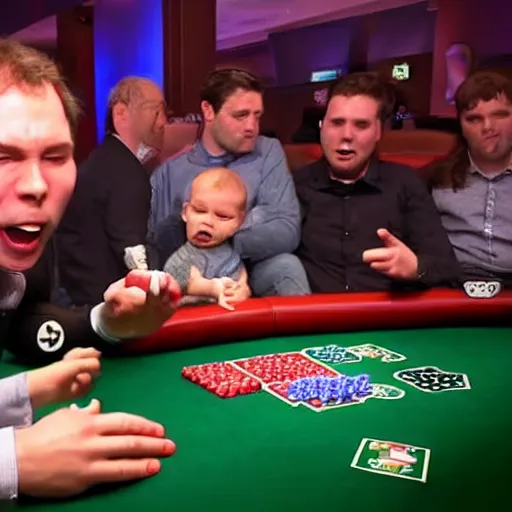 Prompt: best poker player in the world cries as he loses to a baby, 4 k, realistic.