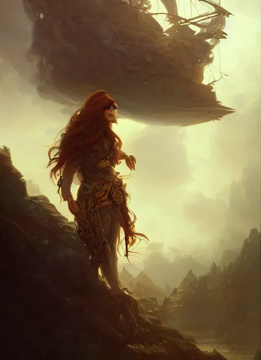 Image similar to portrait painting of a handsome rugged long hair crimson hair male pirate, soft hair steampunk airship in the sky art by raphael lacoste and stephan martiniere greg rutkowski gaston bussiere fantasy soft hair trending on artstation deviantart book cover art concept art key art dramatic volumetric lighting, 4 k, award winning