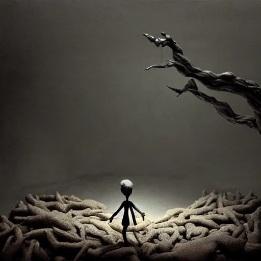 Image similar to the lost sould, surrealistic detailed claymation art, dark, moody, foggy