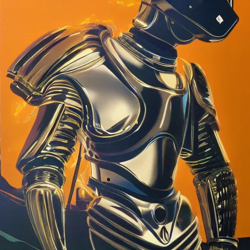 Prompt: techno - spirit utopian gallant knight, future perfect, award winning art by syd mead