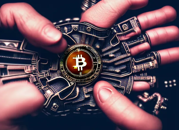 Image similar to mechanical cyberpunk hand holding a bitcoin between two fingers. centered. horror cyberpunk. highly detailed 8 k. intricate. nikon d 8 5 0 3 5 mm. award winning photography.