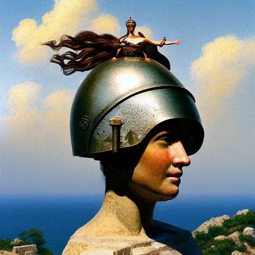 Prompt: tiny greek ancient woman in steel helmet standing on a giant greek ancient bearded man head, late afternoon light, greek temple of olympus glory island, wispy clouds in a blue sky, by frank lloyd wright and greg rutkowski and ruan jia