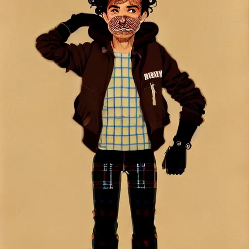 Image similar to highly detailed portrait of a sewer punk guy worker, thirties, black hair, brown eyes, small mustache, tartan hoody, short curly hair by atey ghailan, by greg rutkowski, by greg tocchini, by james gilleard, by joe fenton, by kaethe butcher, gradient pink, brown, light blue and white color scheme,