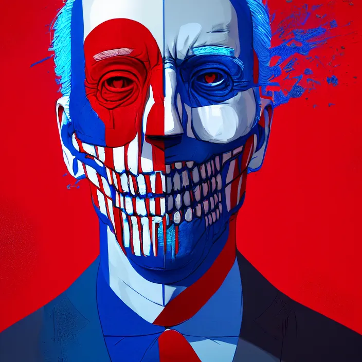 Prompt: PATRIOTIC portrait of joe biden as skeleton. burning distortions. intricate abstract. intricate artwork. by Tooth Wu, wlop, beeple, dan mumford. octane render, trending on artstation, greg rutkowski very coherent symmetrical artwork. cinematic, hyper realism, high detail, octane render, 8k, iridescent accents