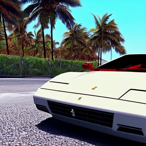 Image similar to a Ferrari Testarossa on a road next to a white sand beach with palm trees@in unreal engine