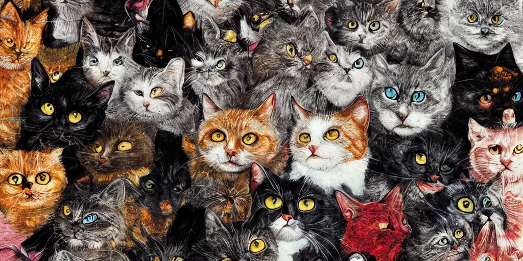 Image similar to mad cats, collage, acrylic on canvas, muralism, high resolution, cinematic, unreal 6 breathtaking detailed, breathtaking detailed, by blake neubert