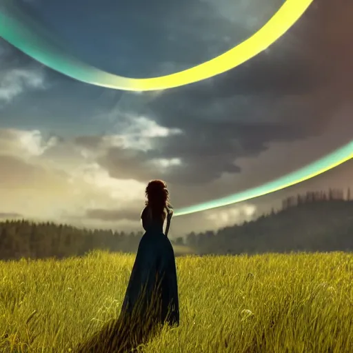 Prompt: silhouette of woman with flowing hair overlooking an expansive green hillside while leaves and a blue-yellow sky beam, extremely moody lighting, glowing light and shadow, atmospheric, fine art, trending, featured, 8k, photorealistic, complex,symmetrical , 3-point perspective, hyper detailed, unreal engine 5, IMAX quality, cinematic, high resolution, 3D, PBR, path tracing, volumetric lighting, octane render, arnold render