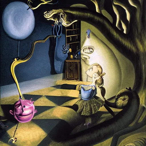 Prompt: Alice in Wonderland petting the head of the cheshire cat by Remedios Varo, dramatic lighting lighting