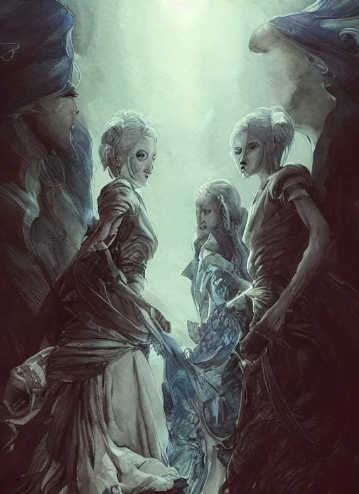 Prompt: portrait, the three sisters of fate, watercolor, dramatic lighting, cinematic, establishing shot, extremely high detail, foto realistic, cinematic lighting, pen and ink, intricate line drawings, by Yoshitaka Amano, Ruan Jia, Kentaro Miura, Artgerm, post processed, concept art, artstation, matte painting, style by eddie mendoza, raphael lacoste, alex ross