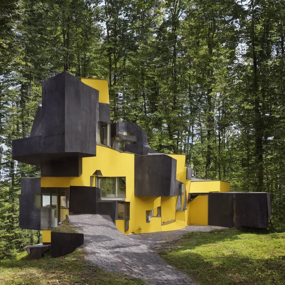 Prompt: a tiny brutalist flat horizontal house in the black forest, designed by Frank Gehry. Big tiles. Small wooden pathway . Film grain, cinematic, yellow hue