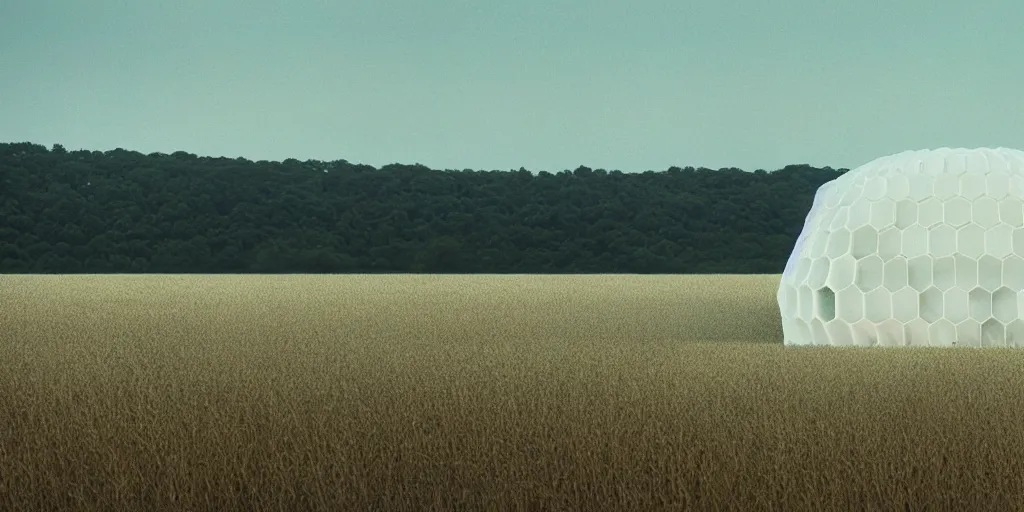 Image similar to real white honeycomb organic building sits in the landscape, film still from the movie directed by denis villeneuve aesthetic with art direction by zdzisław beksinski, telephoto lens, shallow depth of field