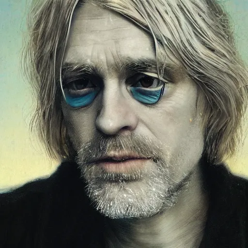 Prompt: UHD tonalism painting of an elderly, old Cosmic Kurt Cobain, by Antonio Caparo and Ferdinand Knab and Greg Rutkowski, UHD, photorealistic, trending on artstation, trending on deviantart