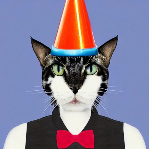 Image similar to man with a cat head wearing a party hat