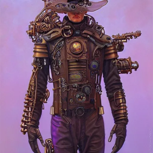 Prompt: portrait of a bronze steampunk android that emits purple fog, by donato giancola