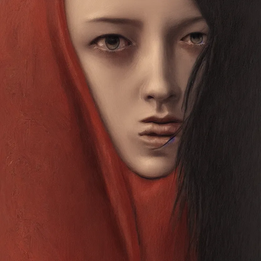 Image similar to Portrait of a young woman with dark hair wearing a hooded robe, she is looking down, unique, intricate, elegant, highly detailed, digital painting, artstation, concept art, smooth, sharp focus, illustration and art by beksinski