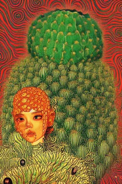 Image similar to creature animal sushi cristal very big eye roots cactus elemental flush of force nature micro world fluo fishscale, illustration, art by ilya kuvshinov and gustav klimt