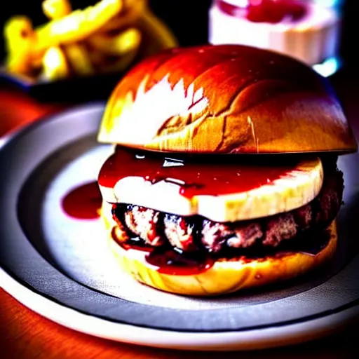 Image similar to The ultimate Banana-Burger with extra jam on a hand-carved cherrywood-plate, with a side of onion rings. Perfect photography.