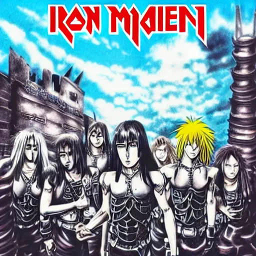 Prompt: iron maiden album cover anime style