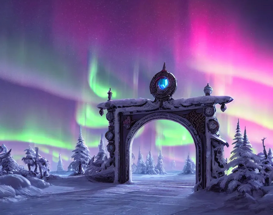 Image similar to a very detailed concept art of intricate and well designed eldar gates to north pole, infused with aurora borealis, dynamic lighting, trending on artstation, path traced, highly detailed, high quality, digital painting, digital art, 4 k, hyper realistic, octane render, sharp focus