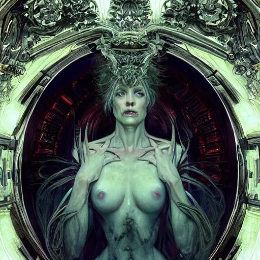 Prompt: hyper realistic portrait of a Necronomicon demon character in a hell portal in a film, art by artery and Greg Rutkowski and alphonse mucha, sci-fi, fantasy, intricate, ornate, very very beautiful, elegant, highly detailed, digital painting, artstation, concept art, smooth, sharp focus, illustration