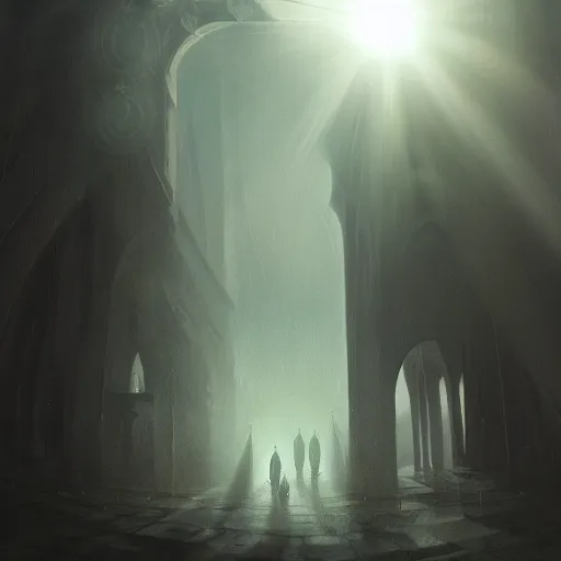 Image similar to a thick and cloudy veil is pierced by shafts of sunlight, illumination, medieval, romanticism, god-rays, artstation