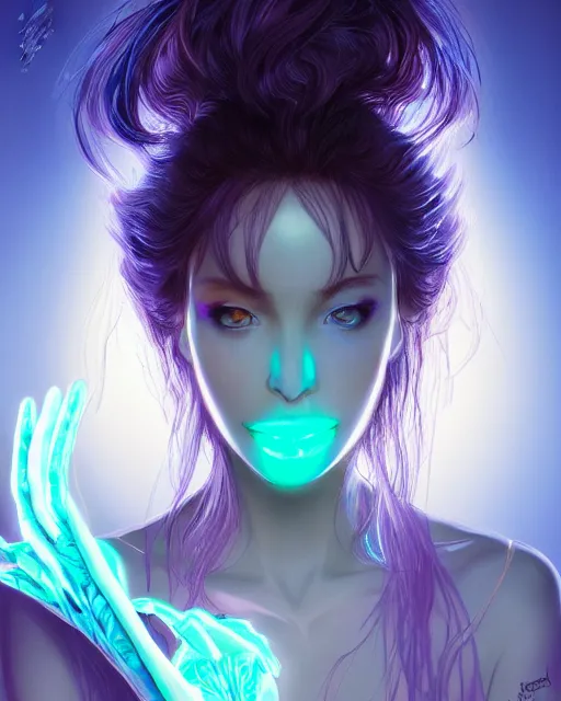 Image similar to portrait of a bioluminescent woman, fashion, beautiful, elegant colorful, artstation trending, deviantart, highly detailed, focus, smooth, by hirohiko araki, yoshitaka amano