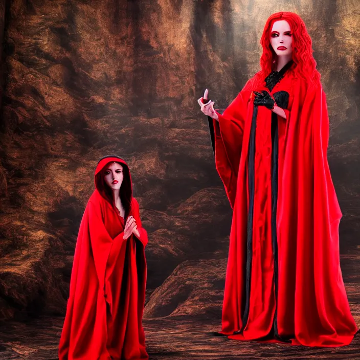 Prompt: photograph of a real-life beautiful red witch with ornate robes. Extremely detailed. 8k