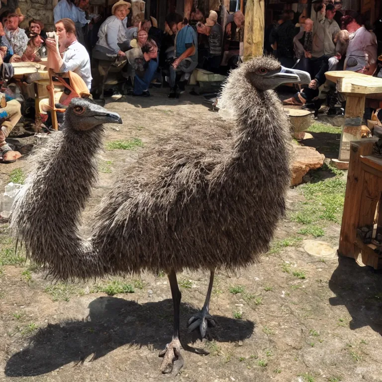 Image similar to an emu in the middle of a crowded halfling tavern