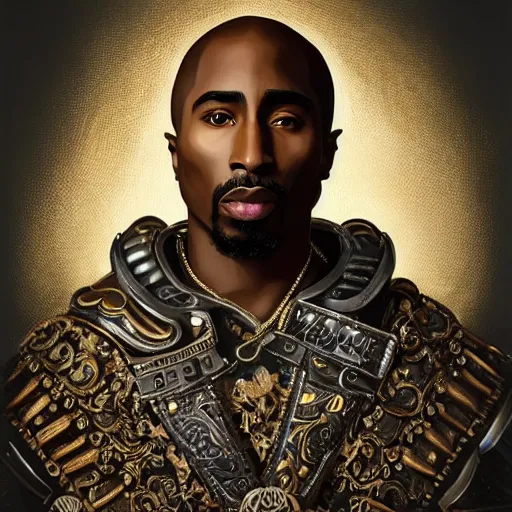 Prompt: a professionally painted portrait of Tupac , clothed in ancient battle armor, dark skin, dark hair, beautiful bone structure, symmetrical facial features, stunningly beautiful, intricate, elegant, digital painting, trending on Artstation, concept art, smooth, sharp focus, illustration, from Kehinde Wiley