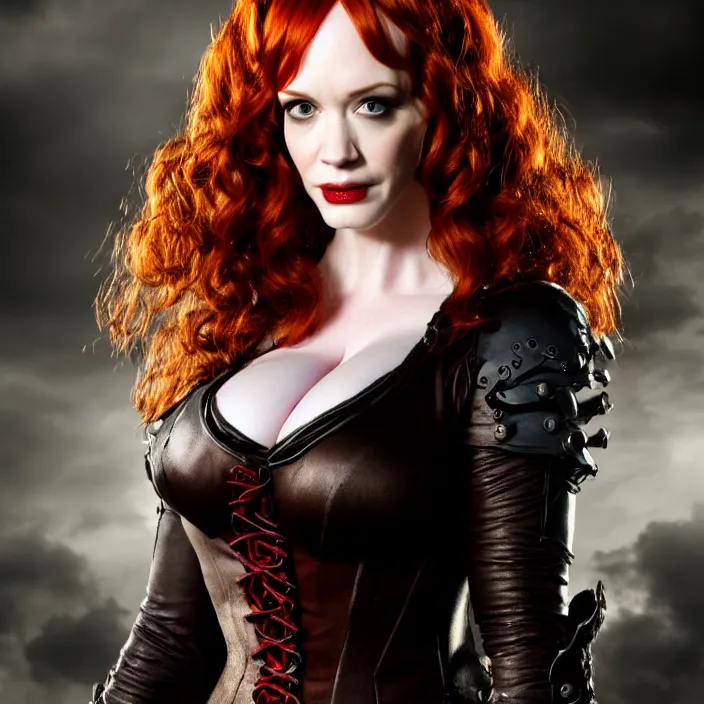 Prompt: portrait photograph of christina hendricks as a vampire warrior, real-life Extremely detailed. 8k