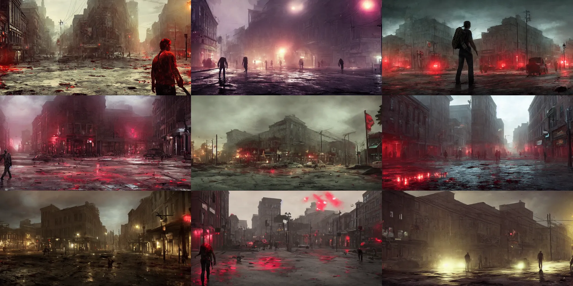Prompt: town full of zombies, dim warm fluorescent light, red flag, concept art, moody, william turner, cinematography, unreal engine, the last of us