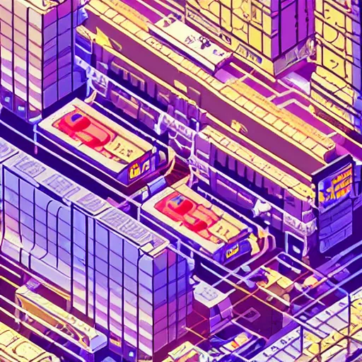 Prompt: pixelart illustration of an isometric cyberpunk city