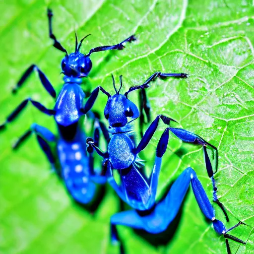 Prompt: macro photo of bright blue ants on a leaf, kodak portra 4 0 0 color negative film