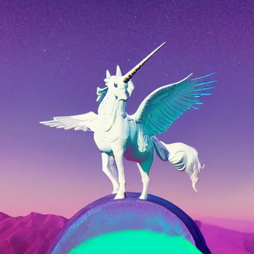 Prompt: jeff goldblum on a winged unicorn, art by beeple, hyperrealistic