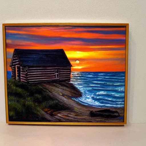 Image similar to sunset over a wooden cabin on the coast, sea, oil painting, very detailed, colorful