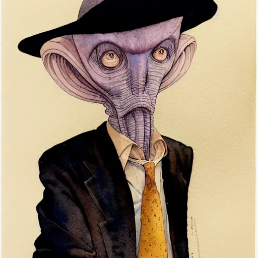 Prompt: a simple and atmospheric watercolour portrait of a pulp sci - fi alien teacher, very muted colors, by rebecca guay, michael kaluta, charles vess and jean moebius giraud