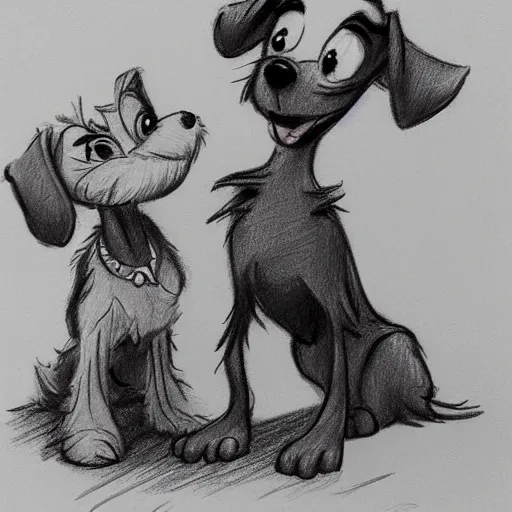 Image similar to milt kahl pencil sketch of happy mini schnauzer cartoon lady and the tramp style