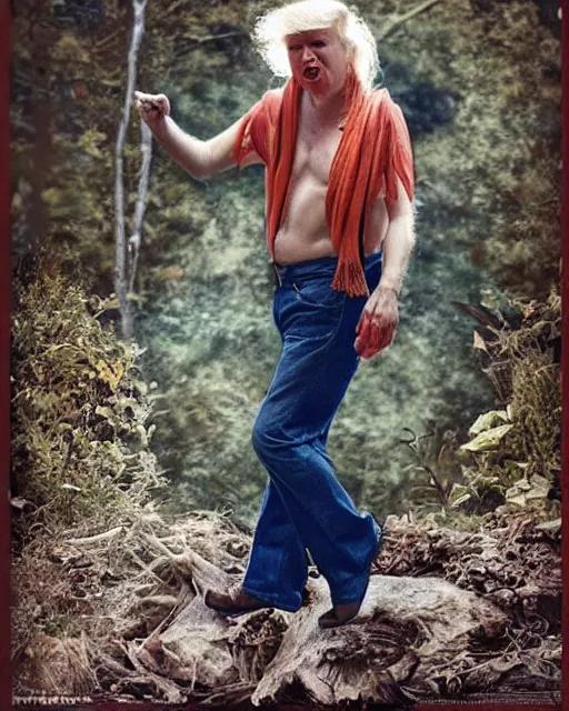 Image similar to if donald trump became a hippie, photoshoot in the style of annie leibovitz, hyperreal