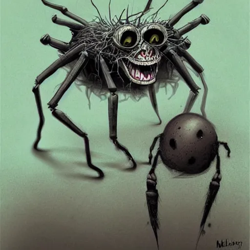 Prompt: surrealism grunge cartoon sketch of a spider with a human head with a wide smile by - michael karcz, loony toons style, horror theme, detailed, elegant, intricate