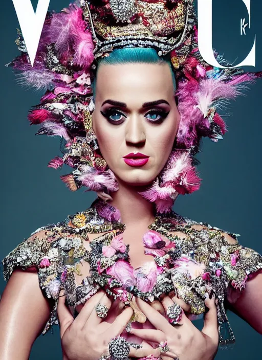 Image similar to katy perry styled by nick knight posing, full body shot, intricate headpiece, vogue magazine, canon, highly realistic. high resolution. highly detailed. dramatic. 8 k. 4 k.