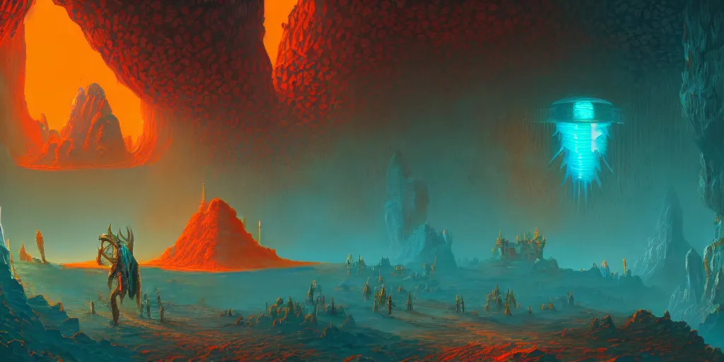 Prompt: through the prismatic umbrage fly the archways and buttresses of the monuments above the catacombs of the eaters of earth, caves of qud, promotional art, teal and orange color palette, science fantasy, retrofuturism, sharp focus, extremely detailed, 4 k