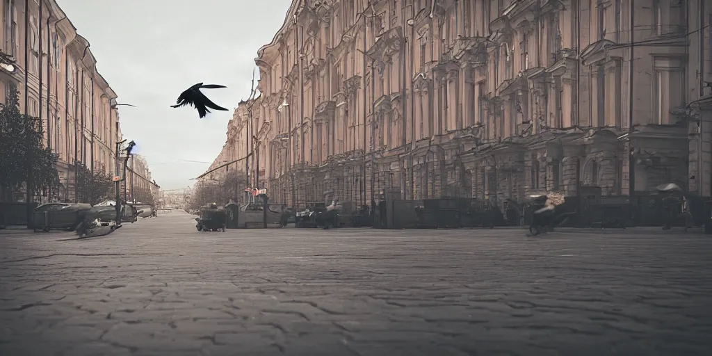 Image similar to cinematic street shot of a flying laputa city, saint petersburg, telephoto, anamorphic cinematography, beautiful composition, color theory, leading lines, photorealistic, moody volumetric lighting