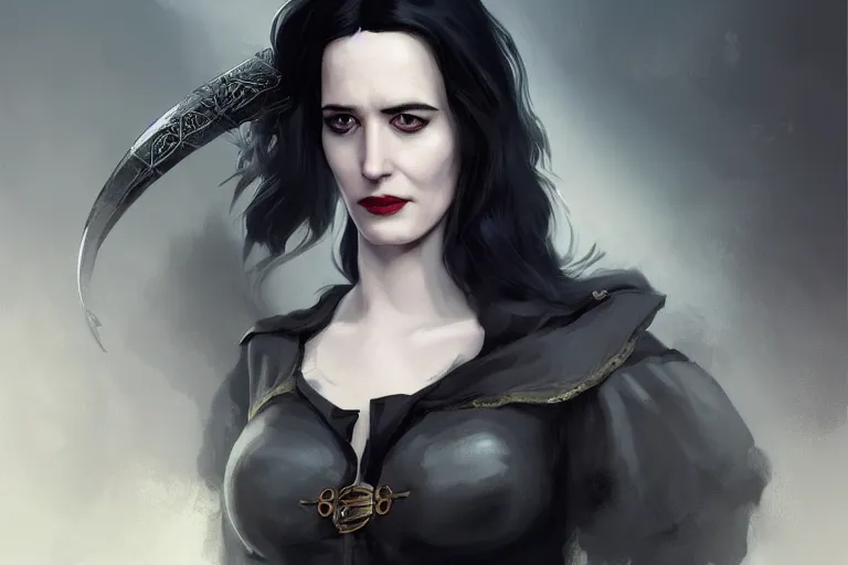 Image similar to A full body portrait of Eva Green as Yennefer from the Witcher 3 Game doing magic by Ruan Jia and Mandy Jurgens and Artgerm and william-adolphe bouguerea, highly detailed, trending on artstation, award winning, H 768
