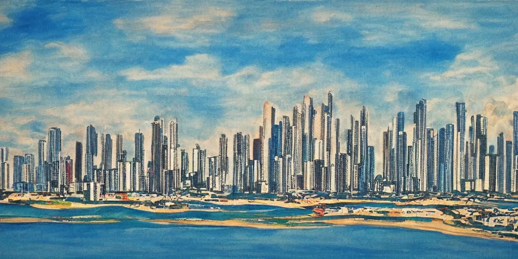 Prompt: panama city skyline by mainie jellett, matte colors, day, sky