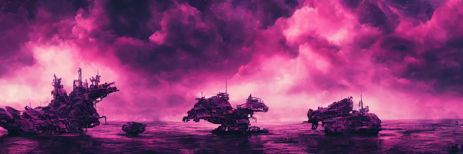 Image similar to space, hyperdetailed illustration, portrait big dark dog, mohawk, stars, pink, neon, oil painting, rich deep colors masterpiece, pirate neon ship, ultra detailed, contrast, heaven pink, clouds, volumetric light, atmospheric lighting, dramatic, cinematic, moody, octane render 4 k, 8 k