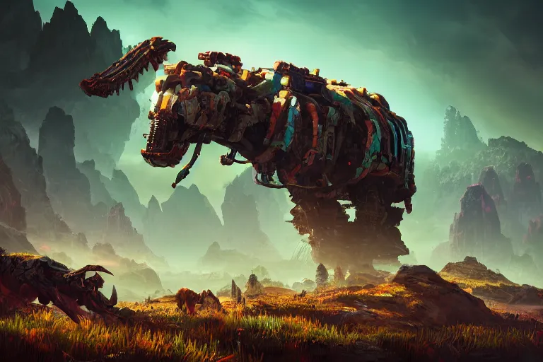 Image similar to tremortusk machine mecanical creature robot of horizon forbidden west horizon zero dawn bioluminiscence global illumination ray tracing hdr fanart arstation by ian pesty and alena aenami artworks in 4 k