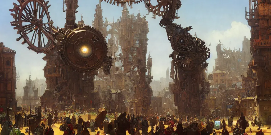 Prompt: giant cog floating in the sky medieval city standing on a giant cog gear mechanism buildings vista artstation illustration sharp focus sunlit vista painted by ruan jia raymond swanland lawrence alma tadema zdzislaw beksinski norman rockwell tom lovell alex malveda greg staples